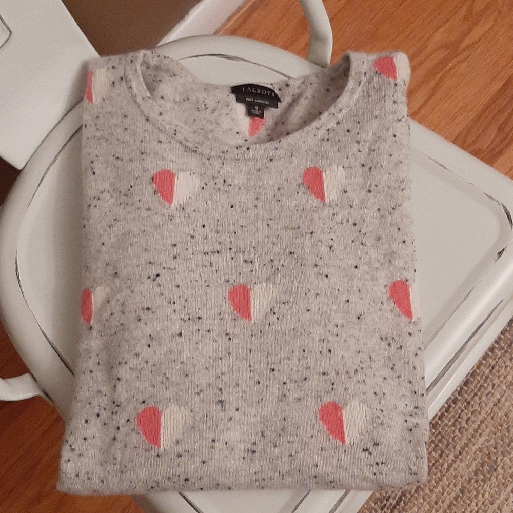 Talbots Cashmere Gray Speckled Print Sweater with Pink and Cream hearts
